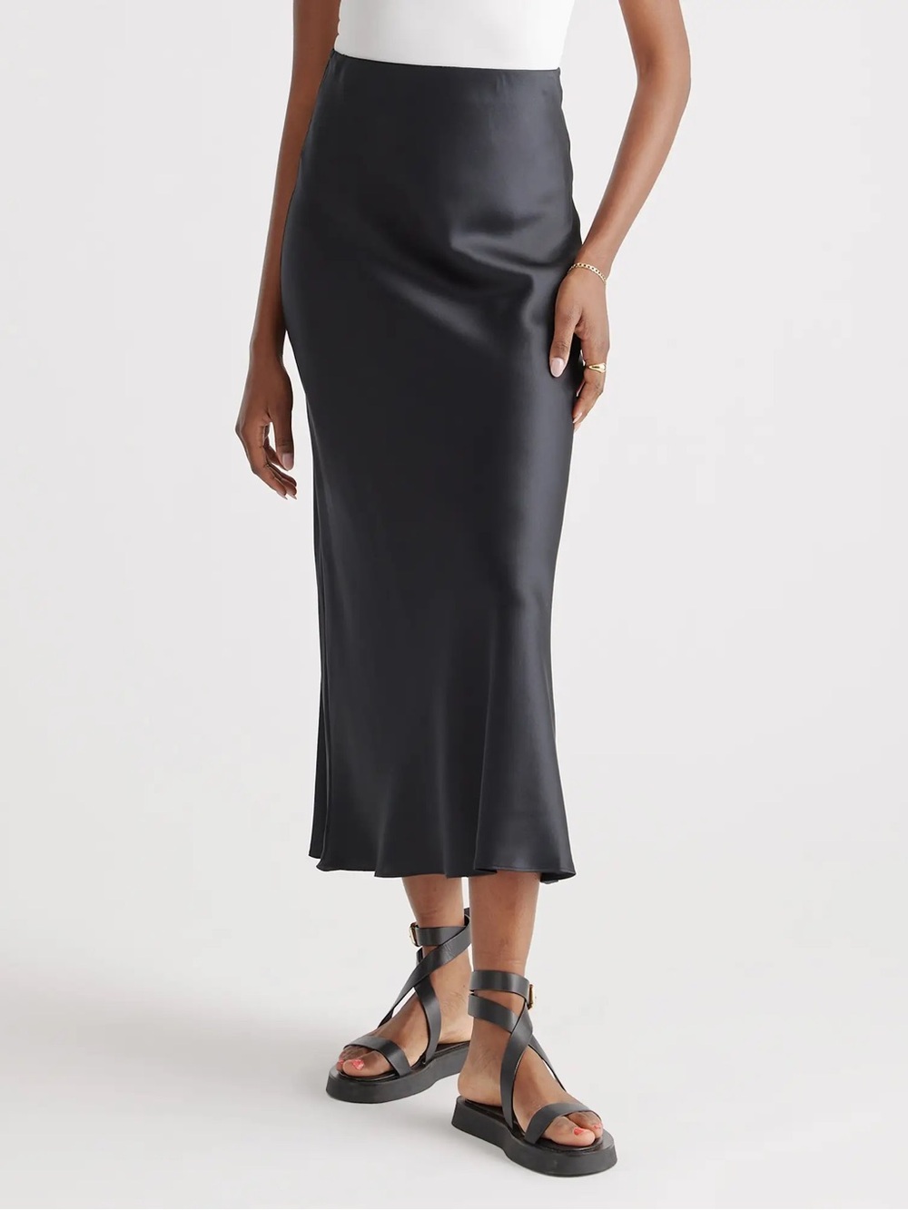 Satin High-Waist Black Midi Skirt - Picture 2 of 4